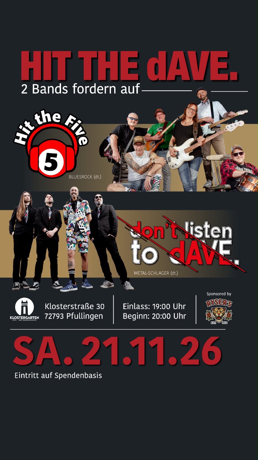 HIT THE dAVE. – Hit the Five & don't listen to dAVE. live, 21.11.2026 Klostergarten Pfullingen