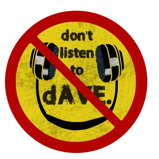don't listen to dAVE. Logo — durchgestrichener Smiley mit Kopfhörern